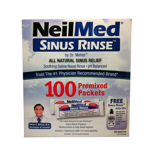 Product label for Neilmed Sinus Rinse 100 Premixed Packets in English