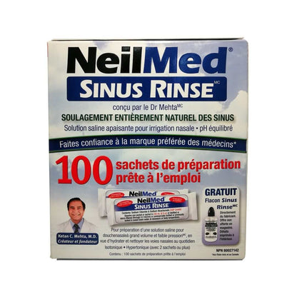 Product label for Neilmed Sinus Rinse 100 Premixed Packets in French