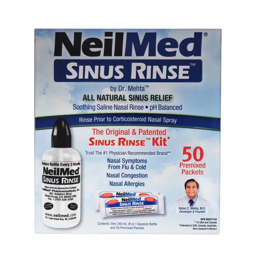 Product label for Neilmed Sinus Rinse Kit with 50 Premixed Packets in English