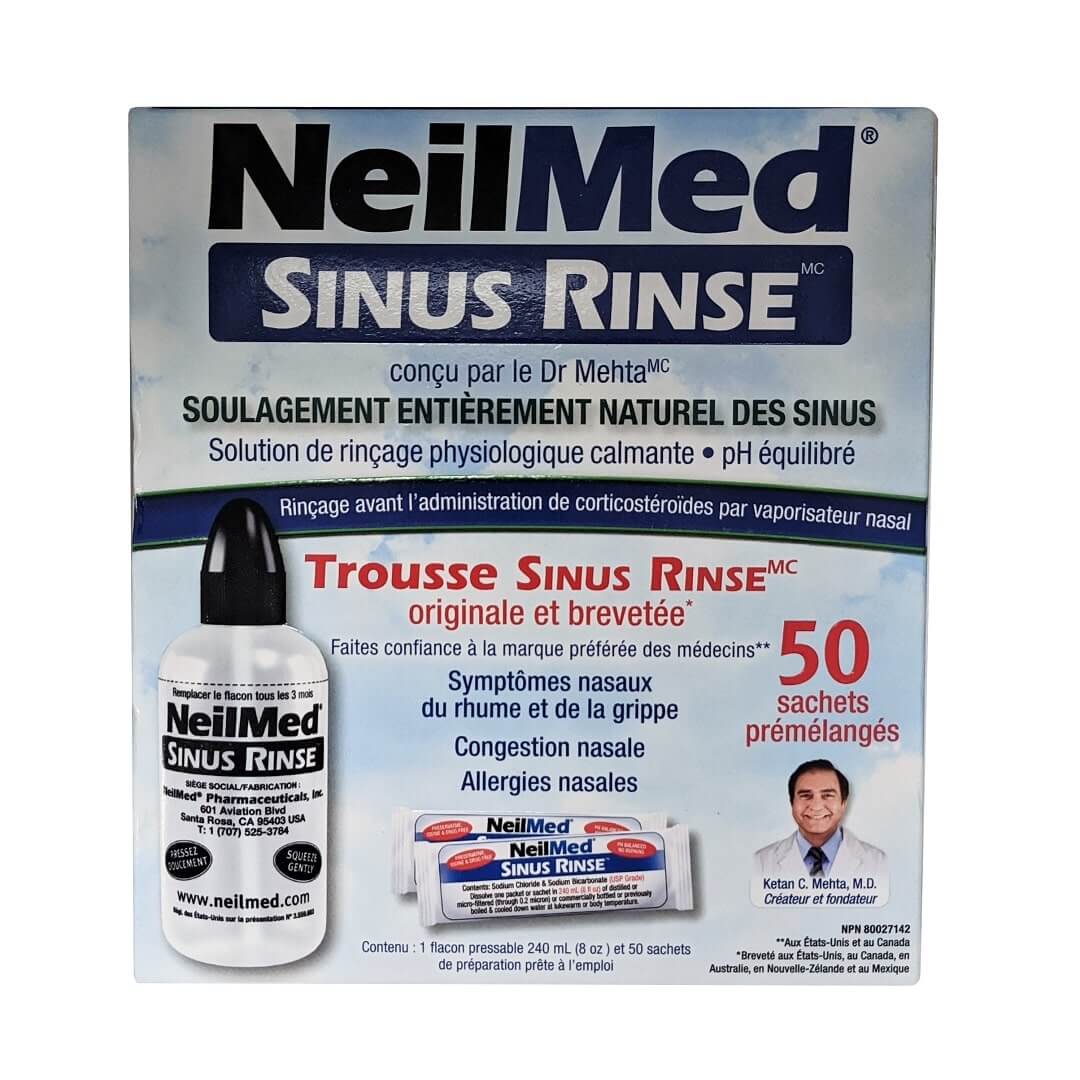 Product label for Neilmed Sinus Rinse Kit with 50 Premixed Packets in French