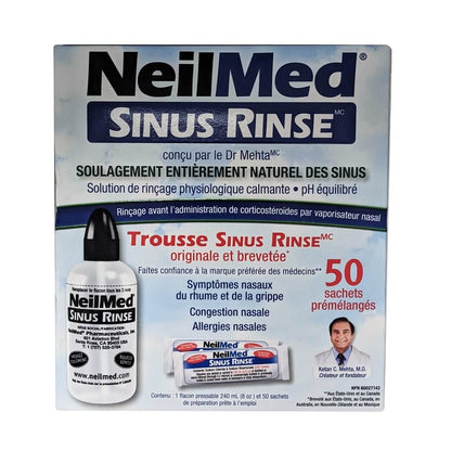 Product label for Neilmed Sinus Rinse Kit with 50 Premixed Packets in French