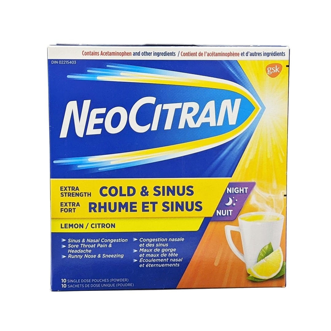 Product label for NeoCitran Extra Strength Nighttime Cold & Sinus Lemon Flavour (10 count)