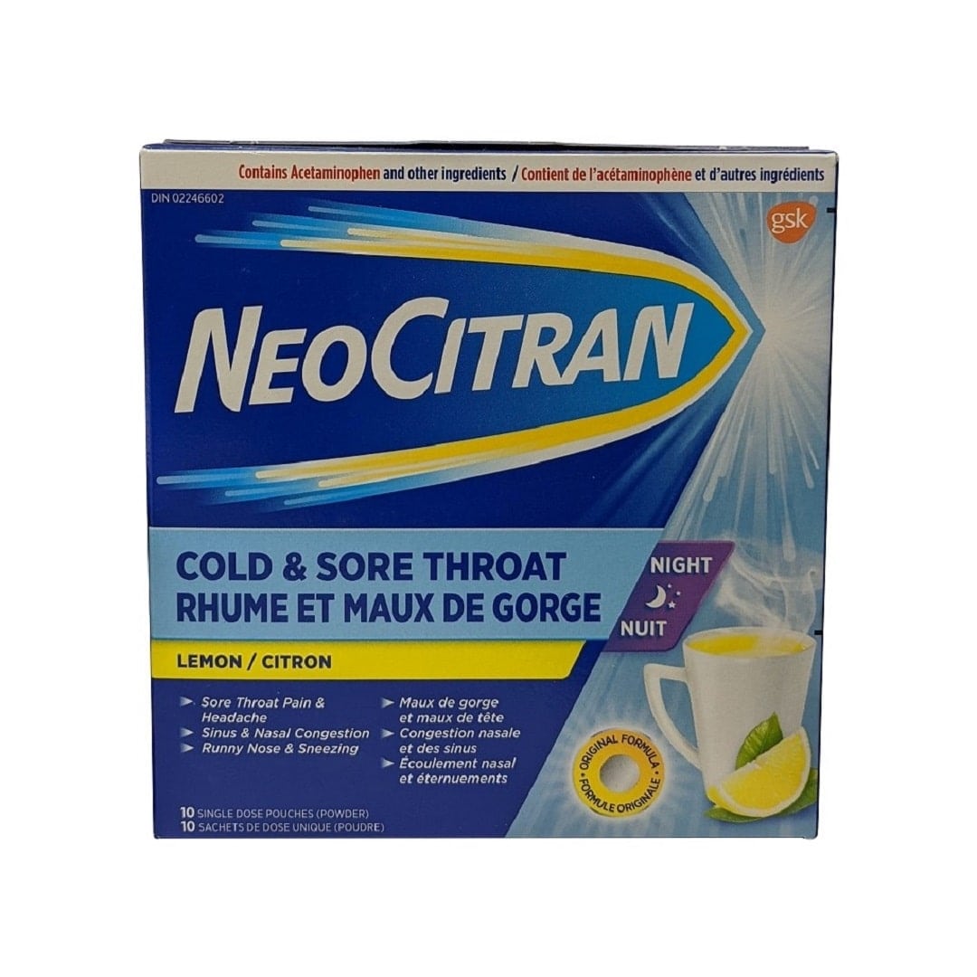 Product label for NeoCitran Extra Strength Nighttime Cold & Sore Throat Lemon Flavour 