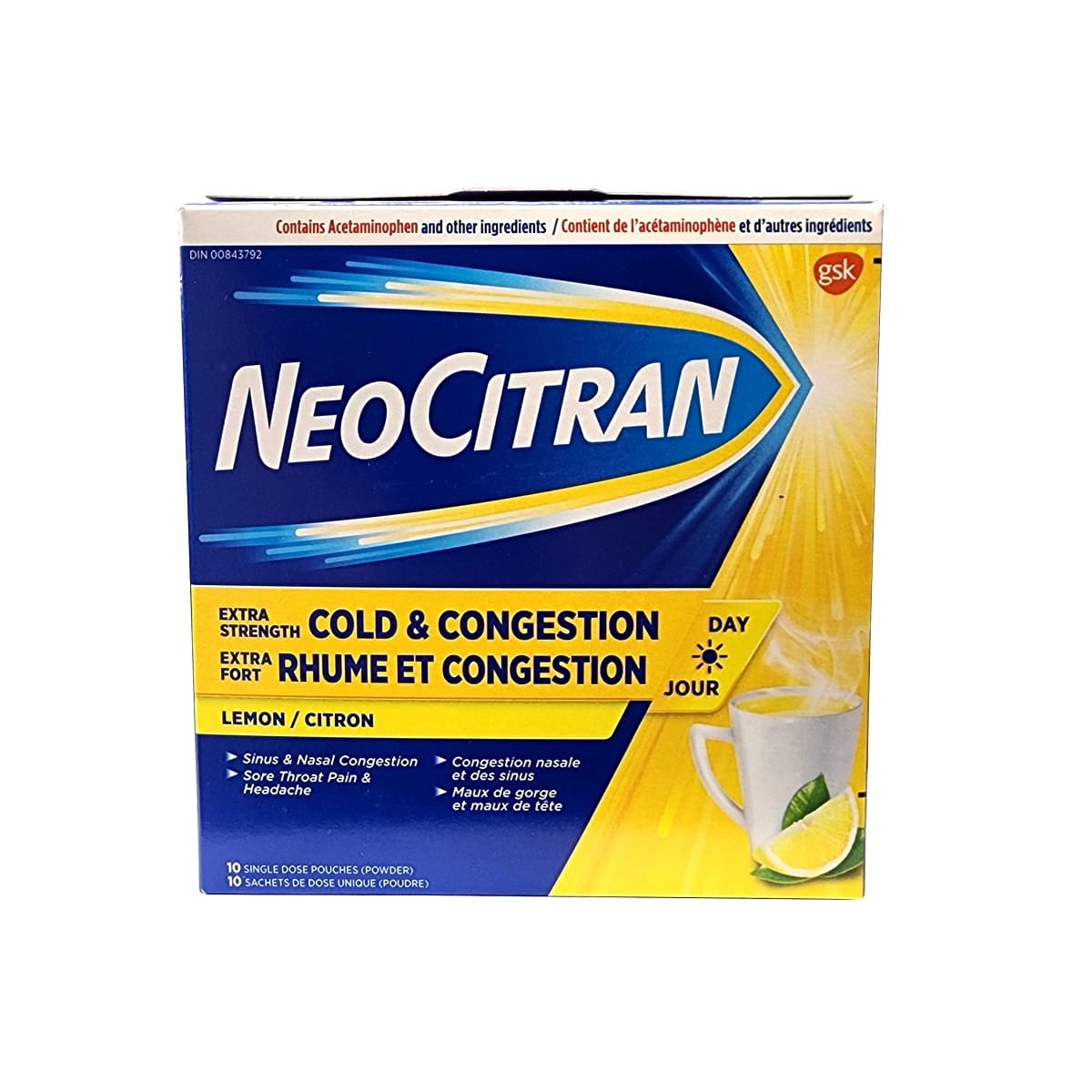 Product label for NeoCitran Extra Strength Daytime Cold & Congestion Lemon (10 count)