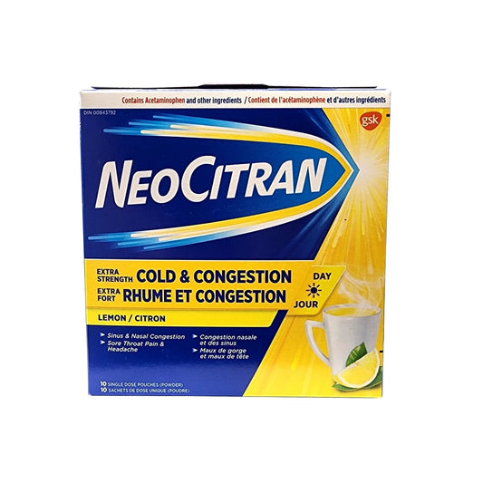 Product label for NeoCitran Extra Strength Daytime Cold & Congestion Lemon (10 count)