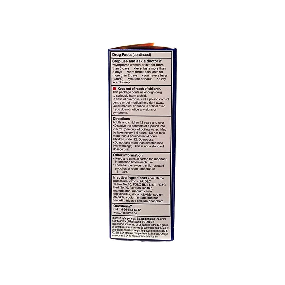 Warnings, Directions, Ingredients for NeoCitran Extra Strength Nighttime Cold & Sinus Apple Cinnamon (10 count) EN