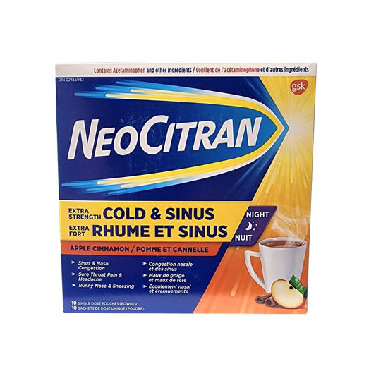 Product label for NeoCitran Extra Strength Nighttime Cold & Sinus Apple Cinnamon (10 count)