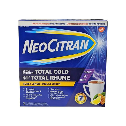 Product label for NeoCitran Extra Strength Nighttime Total Cold Honey Lemon Flavour (10 count)