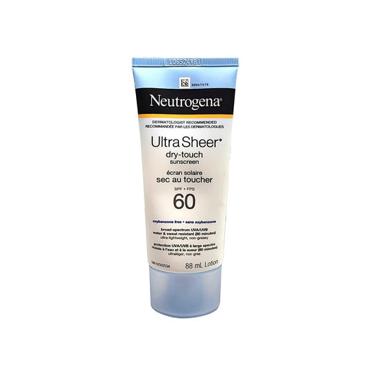 Product label for Neutrogena Ultra Sheer Dry Touch SPF60 Sunscreen (88 mL)