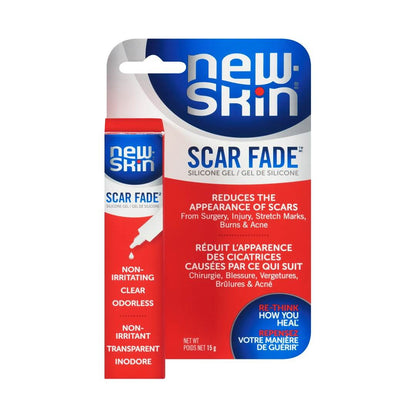 Product label for New-Skin Scar Fade Silicone Gel (15 grams)