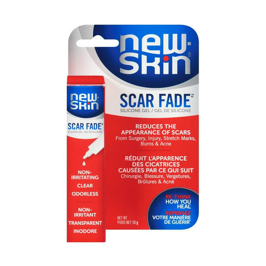 Product label for New-Skin Scar Fade Silicone Gel (15 grams)
