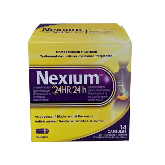 Product label for Nexium Acid Reducer Esomeprazole Magnesium 20mg (14 capsules)