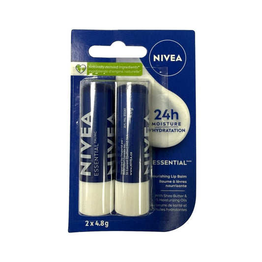 Product label for Nivea Essential Lip Balm (2 x 4.8 grams)