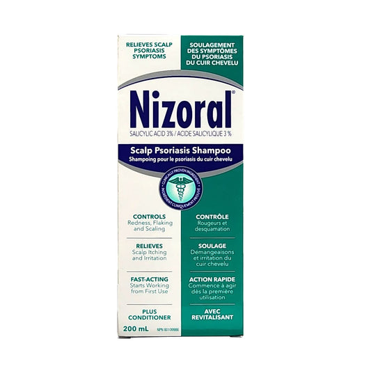 Product label for Nizoral Scalp Psoriasis Shampoo (200 mL)