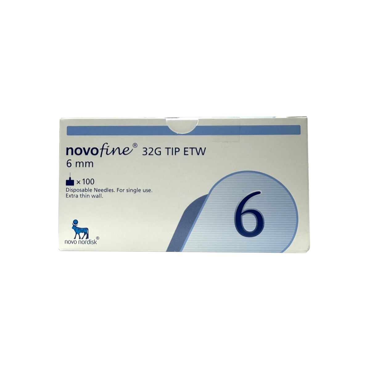 Product Label for Novofine Insulin Pen Needles 32G ETW 6mm (100 count) in English