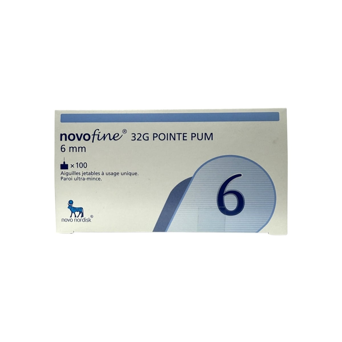 Product label for Novofine Insulin Pen Needles 32G ETW 6mm (100 count) in French