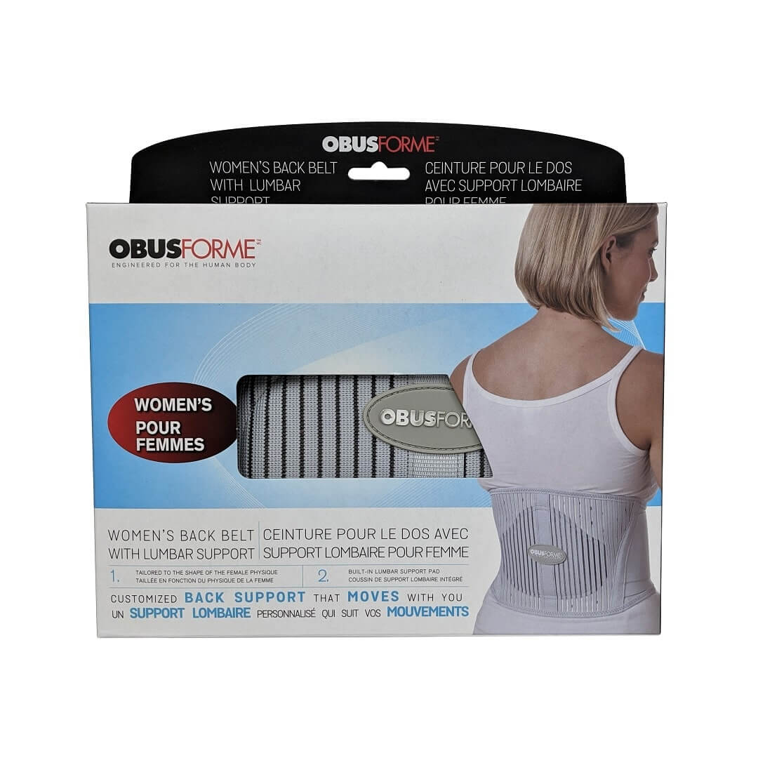 Product label for Obusforme Women's Back Belt with Lumbar Support (Medium/Large)