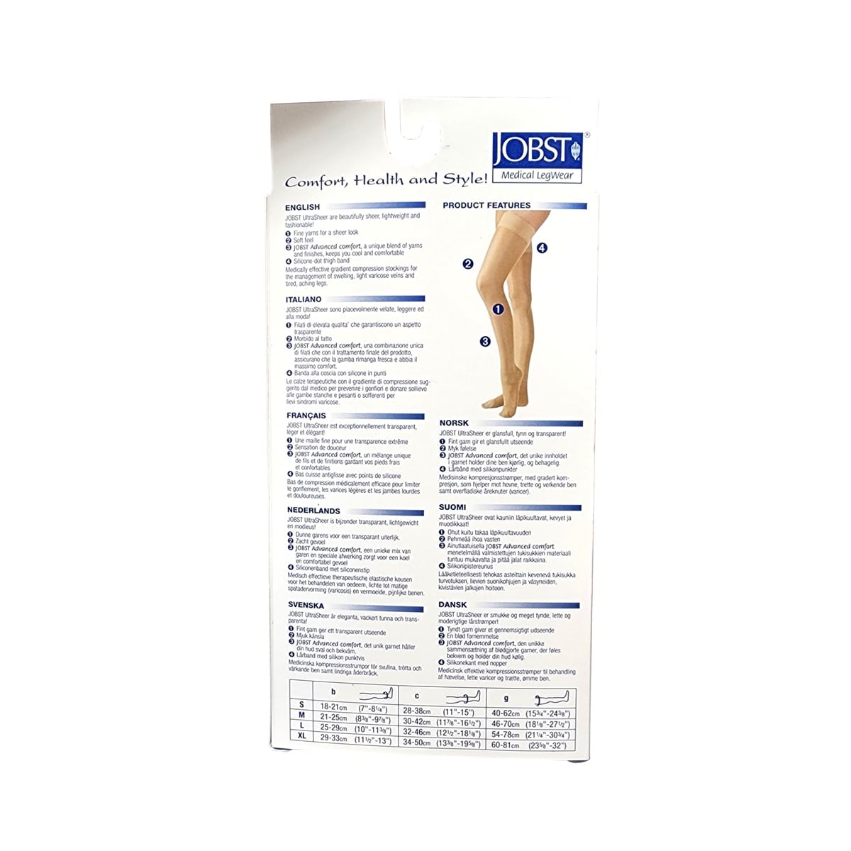 Features and size chart for Jobst UltraSheer Compression Stockings 15-20 mmHg - Thigh High / Silicone Dot Band / Closed Toe / Black (Small)