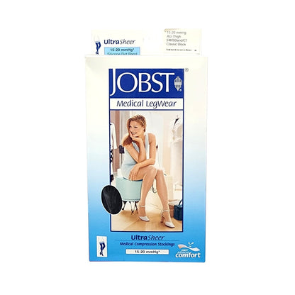 Product label for Jobst UltraSheer Compression Stockings 15-20 mmHg - Thigh High / Silicone Dot Band / Closed Toe / Black (Small)