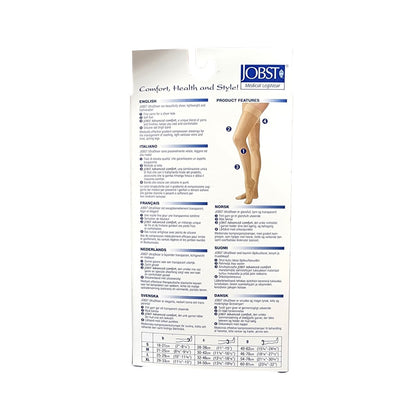 Features and size chart for Jobst UltraSheer Compression Stockings 15-20 mmHg - Thigh High / Silicone Dot Band / Closed Toe / Natural (Medium)