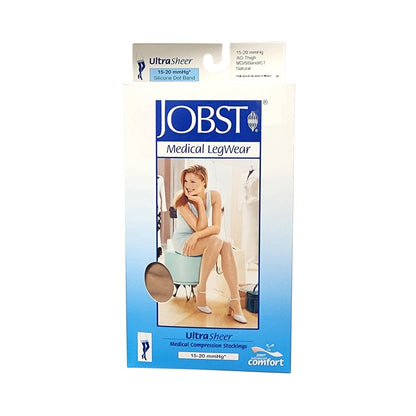 Product label for Jobst UltraSheer Compression Stockings 15-20 mmHg - Thigh High / Silicone Dot Band / Closed Toe / Natural (Medium)