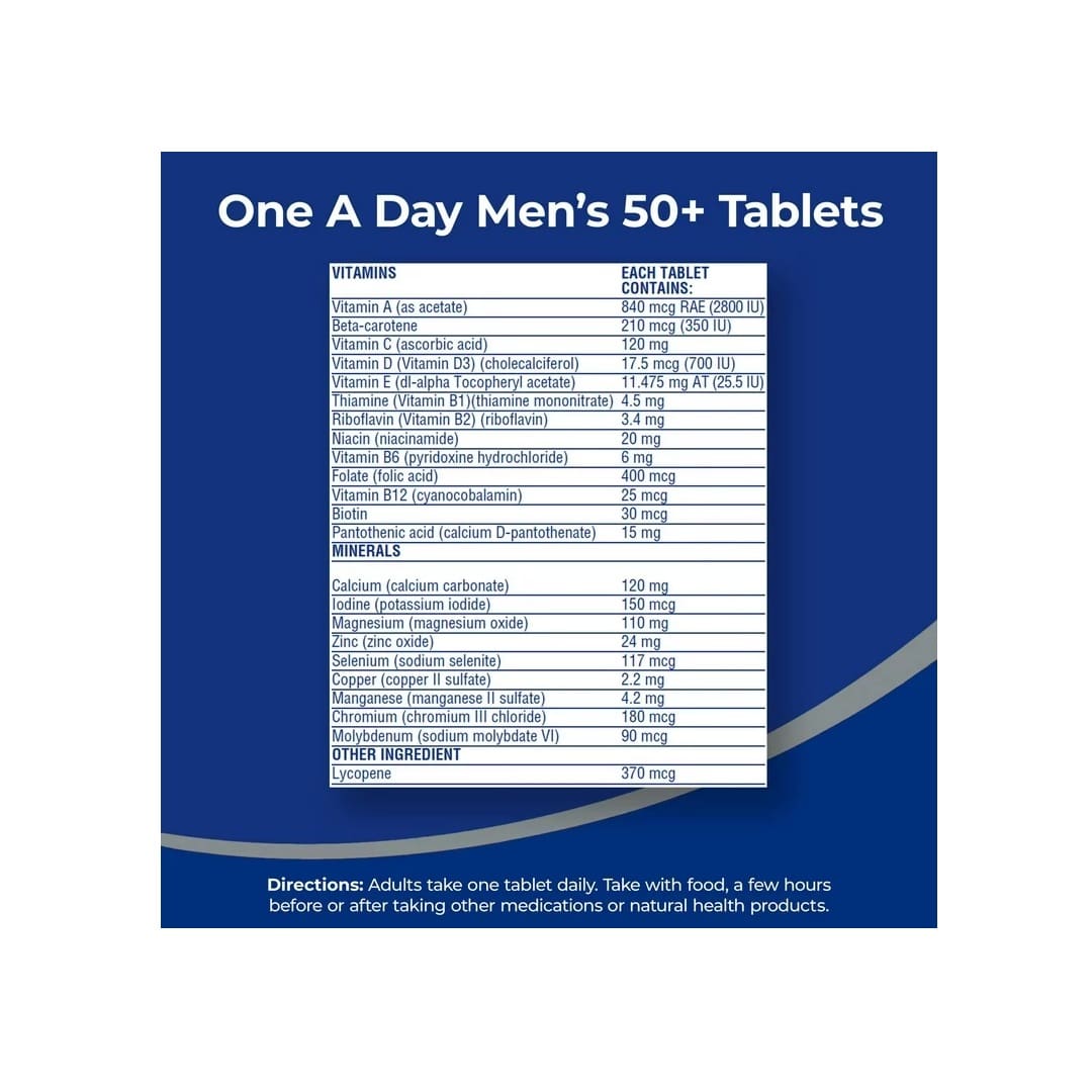 Ingredients and directions for One A Day Complete Multivitamin for Men 50+ (90 tablets)
