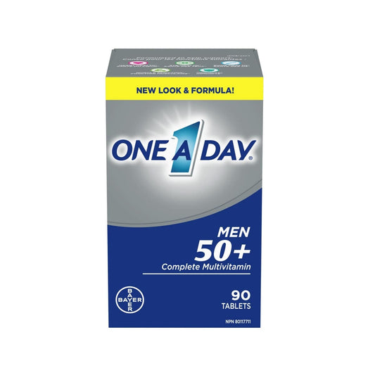 Product label for One A Day Complete Multivitamin for Men 50+ (90 tablets)