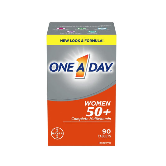 Product label for One A Day Complete Multivitamin for Women 50+ (90 tablets)