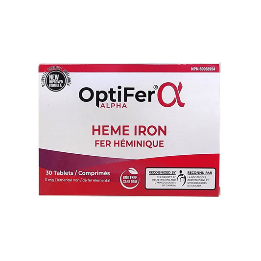 Product label for Optifer Alpha Heme Iron 11mg Elemental Iron (30 tablets)