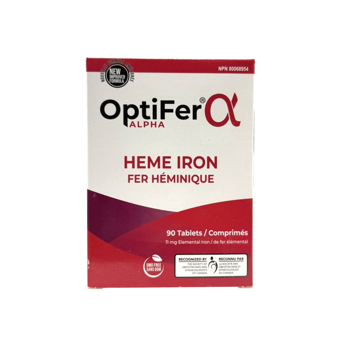 Product label for Optifer Alpha Heme Iron 11mg Elemental Iron (90 tablets)