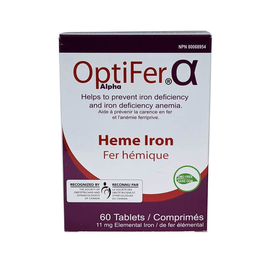 Product label for Optifer Alpha Heme Iron 11mg Elemental Iron (60 tablets)