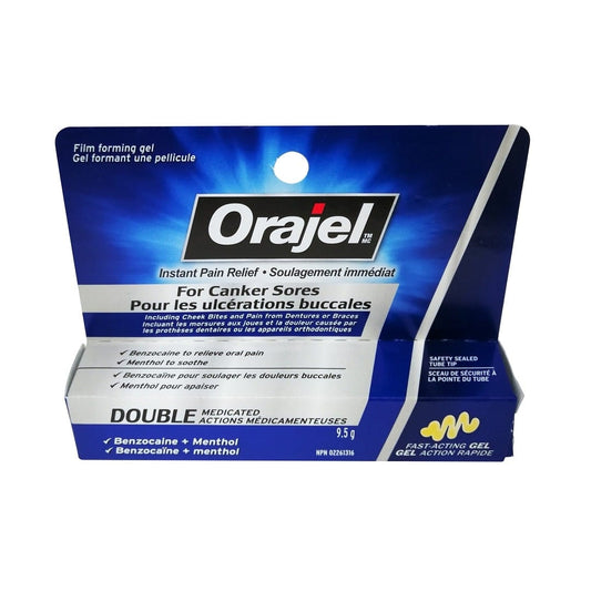 Product label for Orajel 2x Medicated Gel for Canker Sores (9.5 grams)