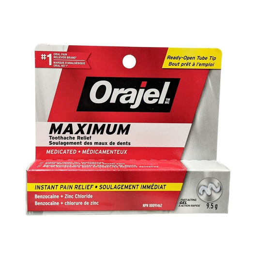 Product label for Orajel Maximum Strength Fast-Acting Gel for Toothache Relief (9.5 grams)