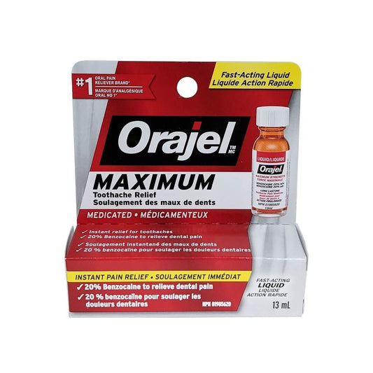 Product label for Orajel Maximum Strength Liquid for Toothache Relief (13mL)