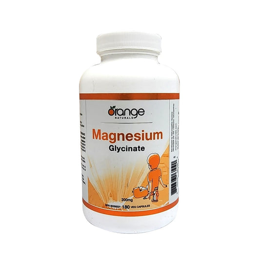 Product label for Orange Naturals Magnesium Glycinate 200 mg (180 capsules) in English