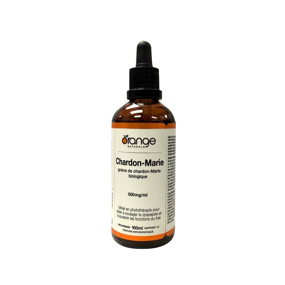 Product label for Orange Naturals Milk Thistle 500 mg / mL (100 mL) in French