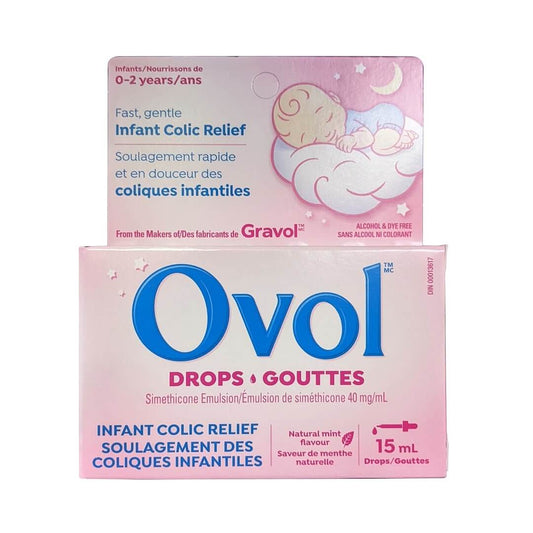 Product label for Ovol Drops for Infants 0-2 Years Old for Colic Relief (Mint Flavour) (15 mL)