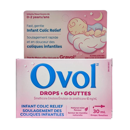 Product label for Ovol Drops for Infants 0-2 Years Old for Colic Relief (Mint Flavour) (30 mL)