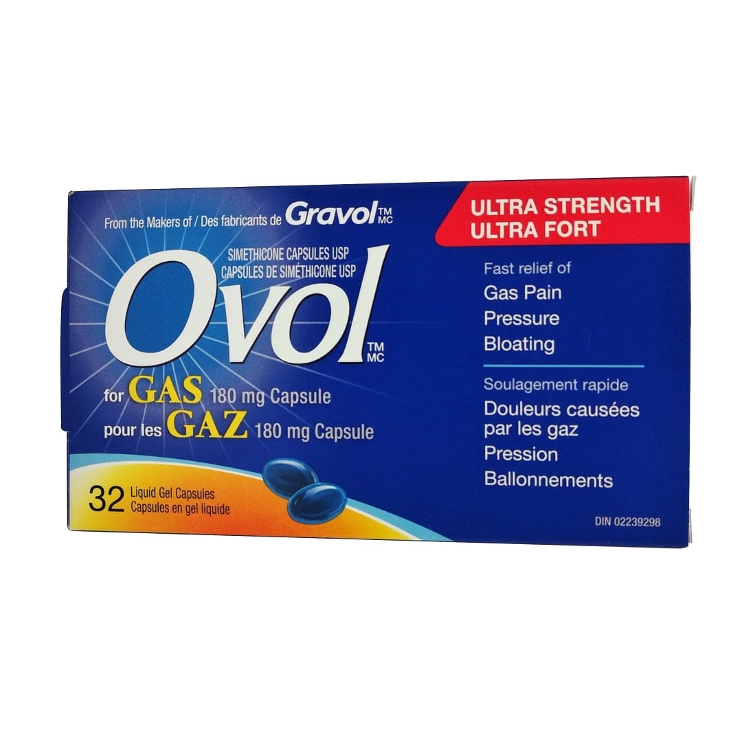 Product label for Ovol Ultra Strength Simethicone 180mg (32 liquid gel capsules)