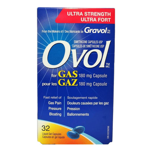 Product label for Ovol Ultra Strength Simethicone 180mg (32 liquid gel capsules)