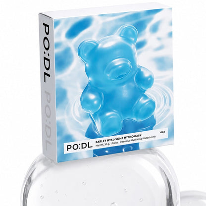 PO:DL Barley Hyal-Some Hydrormask packaging box featuring a translucent blue gummy bear graphic on a white background, with a clear round container partially visible below.