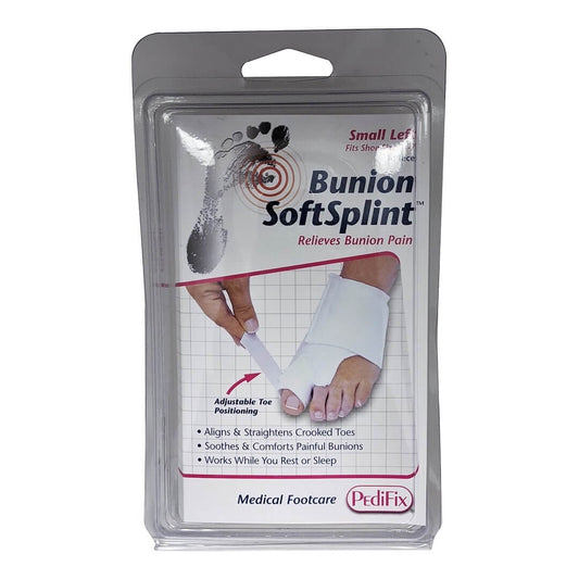 Product label for PediFix Bunion Soft Splint (Small) left foot.