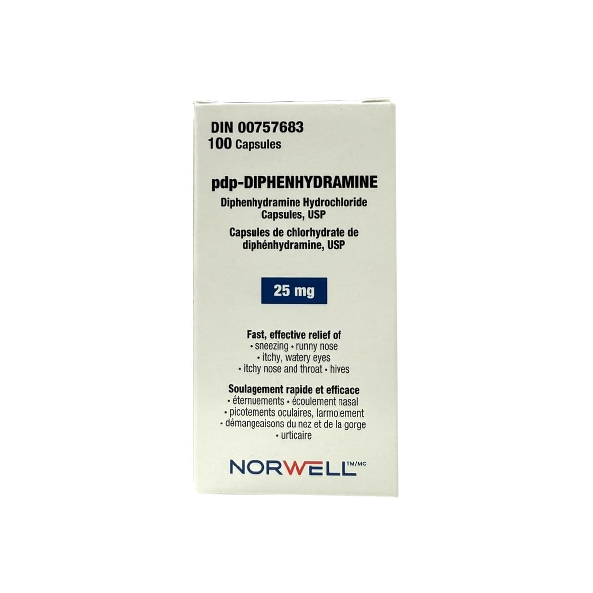 Product label for Pendopharm Diphenhydramine 25 mg (100 capsules)