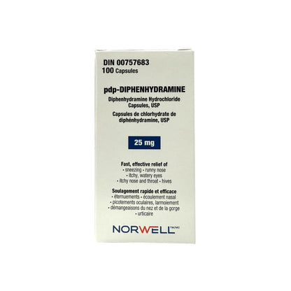 Product label for Pendopharm Diphenhydramine 25 mg (100 capsules)