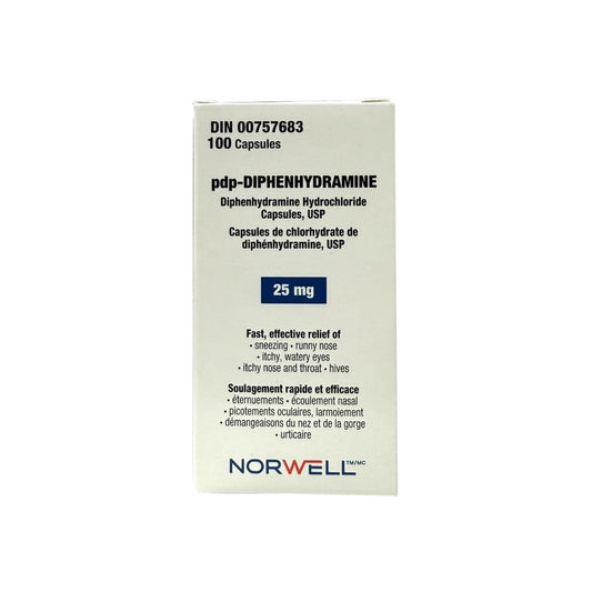 Product label for Pendopharm Diphenhydramine 25 mg (100 capsules)