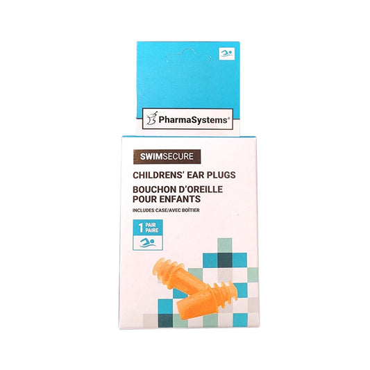 Product label for PharmaSystems AquaEars Children's Ear Plugs with Case (1 pair)