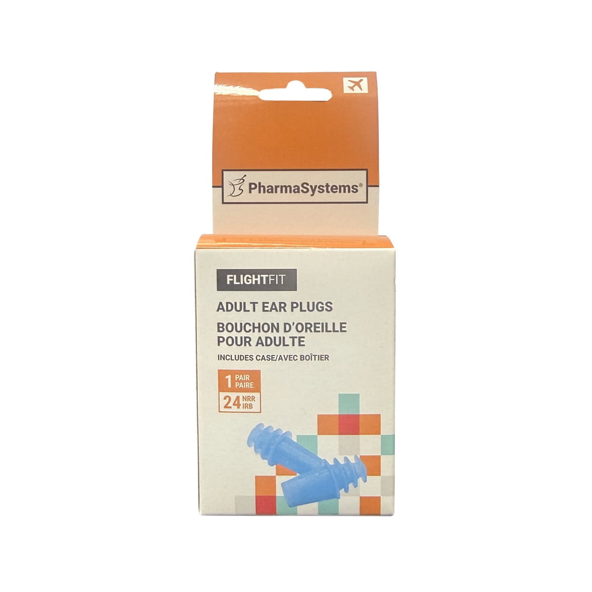 Product label for PharmaSystems FlightFit Adult Ear Plugs NRR24 (1 pair) 