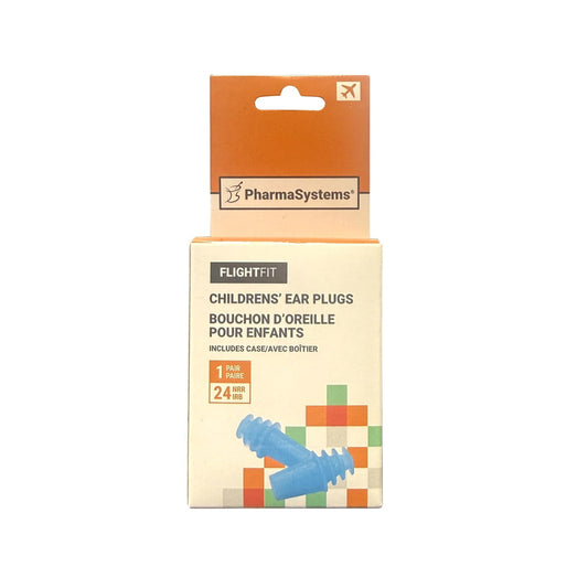 Product label for PharmaSystems FlightFit Children's Ear Plugs NRR24 (1 pair) 