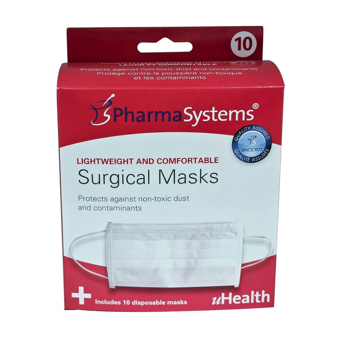 Product label for PharmaSystems Lightweight and Comfortable Surgical Masks (10 count) in English