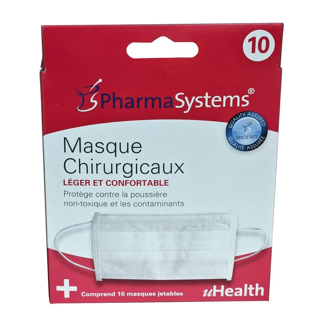 Product label for PharmaSystems Lightweight and Comfortable Surgical Masks (10 count) in French